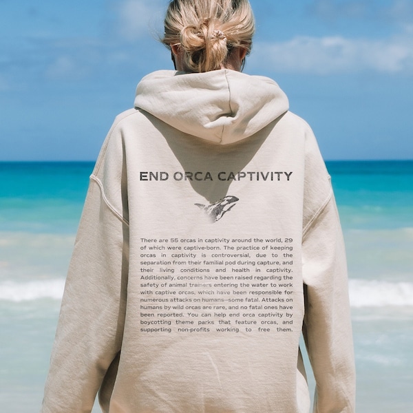 Orca Hoodie | Front- und Back Print End Captivity Grunge ästhetisches Sweatshirt | Meerestierschutz, Surfer, Taucher, Meeresbiologie Geschenk