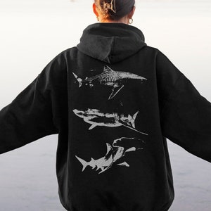 Shark Ocean Animal Grunge Aesthetic Back Design Hoodie | Marine Biology, Surfer, Diver, Ichthyology Gift