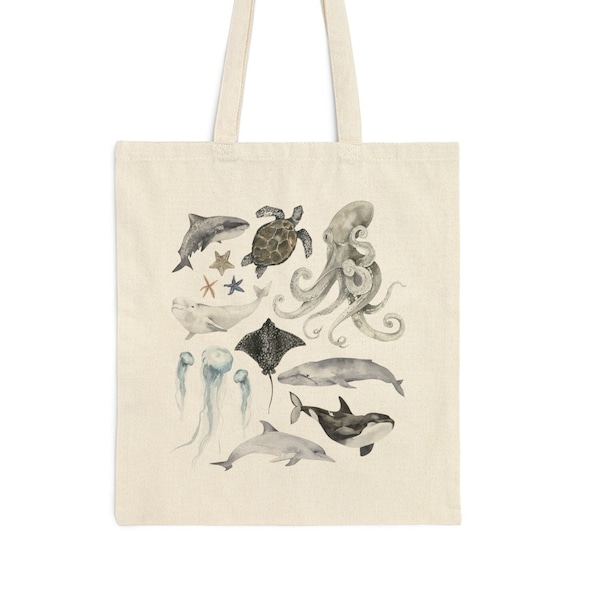 Ocean Animal Aesthetic Canvas Tote Bag | Reusable Grocery Bag Marine Biology Gift | Gifts for Scuba Divers