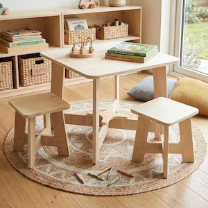 May include: A light wood children's play area with a small table and two stools on a round rug. A world map hangs on the wall above open shelves with books, baskets, and wooden toys. A potted plant sits on a shelf.