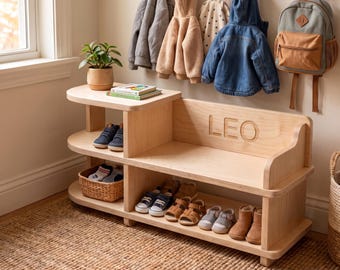Kids Shoe Bench with Storage | Personalized Entryway Seat | Montessori | Custom Name | Baltic Birch