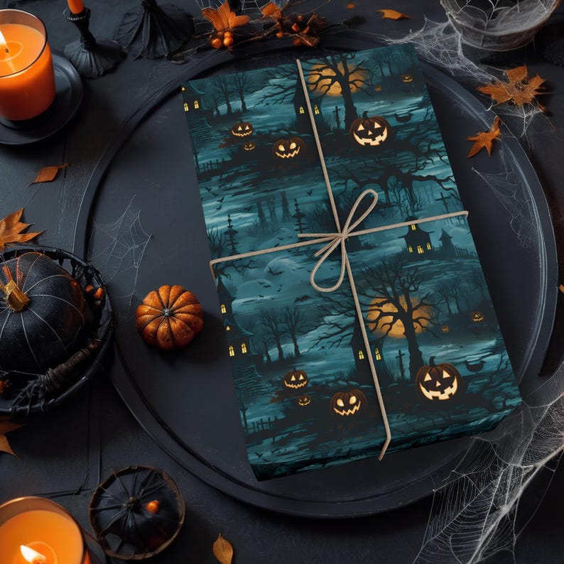 Samhain Pumpkin Wrapping paper Pumpkin Gift Wrap Halloween wrapping paper Halloween Gift Wrap Cemetery wrapping paper Cemetery gift wrap K3 image 2
