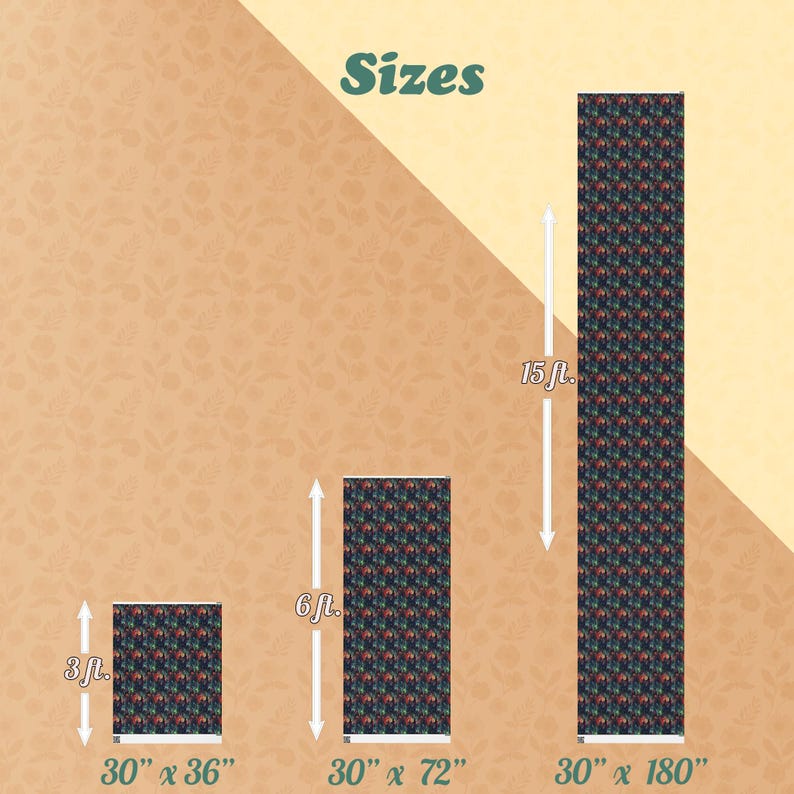 May include: Three different sizes of fabric with a colorful floral pattern. The fabric is 30 inches wide and comes in lengths of 36 inches, 72 inches, and 180 inches.