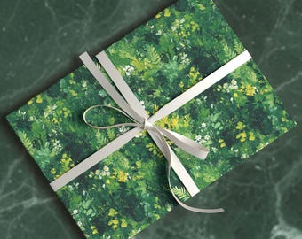 Papel de regalo con estampado de flores silvestres verdes, papel de regalo con diseño de pintura al óleo de pradera impresionista, flores amarillas y blancas, rollo de papel de regalo botánico de primavera K3