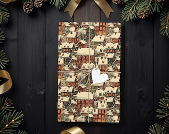 Vintage Snowy Village Christmas Wrapping Paper, Holiday House Gift Wrap for Winter Birthdays, Cozy Gifts, or Festive Occasions K6