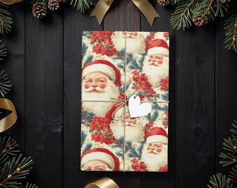 Retro Santa Poinsettia Wrapping Paper Rolls | Santa Claus Vintage Christmas gift wrap & holiday wrapping paper K6
