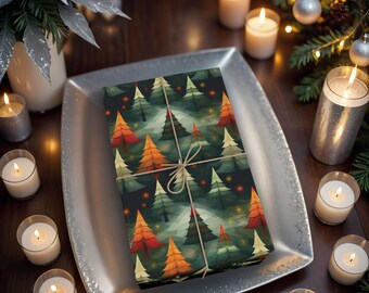 Christmas Tree Gift Wrap, Pine Tree Orange and Green Holiday Wrapping Paper, Great for Family Xmas Gifts K3