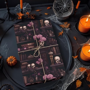 Goth wrapping paper rolls Skull wrapping paper Book wrapping paper Gothic wrapping paper Goth Gift Wrap Victorian gift wrap Books wrap K3 image 1