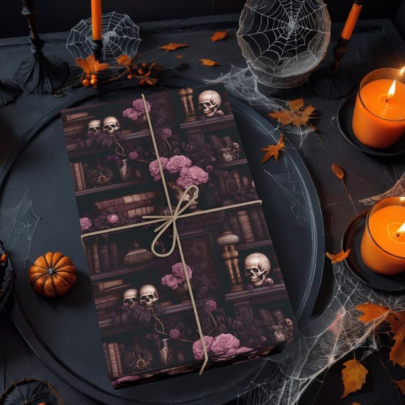 Goth wrapping paper rolls Skull wrapping paper Book wrapping paper Gothic wrapping paper Goth Gift Wrap Victorian gift wrap Books wrap K3