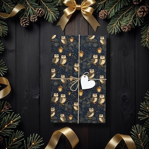 Whimsical Owl Christmas Wrapping Paper, Dark Woodland Holiday Gift Wrap for Nature Lovers, Winter Birthdays, Teachers, and Friends K6
