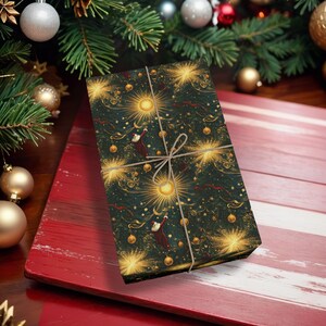 Golden Sun & Stars Christmas Wrapping Paper, Celestial Santa Claus Festive Gift Wrap, Dark Celestial Holiday Gift Wrap K6