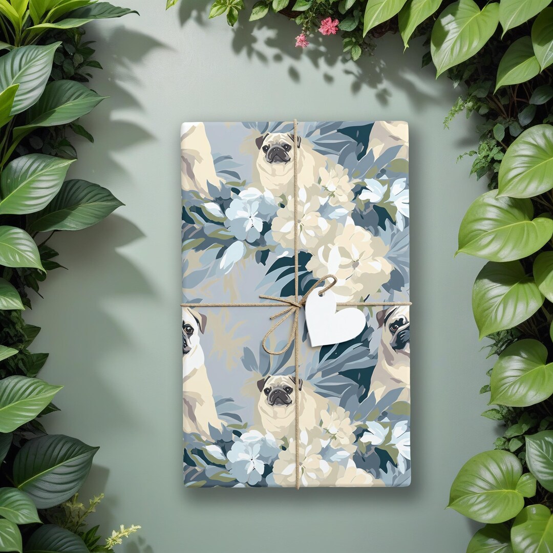 Pug Wrapping Paper, Pug Gift Wrap, Floral Dog Wrapping Paper, Floral ...