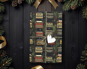 Papier cadeau de Noël pour machine à écrire rétro, papier cadeau vintage sombre pour les fêtes, papier cadeau écrivain, papier de Noël littéraire, style années 70 K6