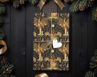 Vintage Angel Christmas Gift Wrap, Elegant Holiday Wrapping Paper, Dark Victorian Style Christmas Wrap for Her, Gifts, Decor K6