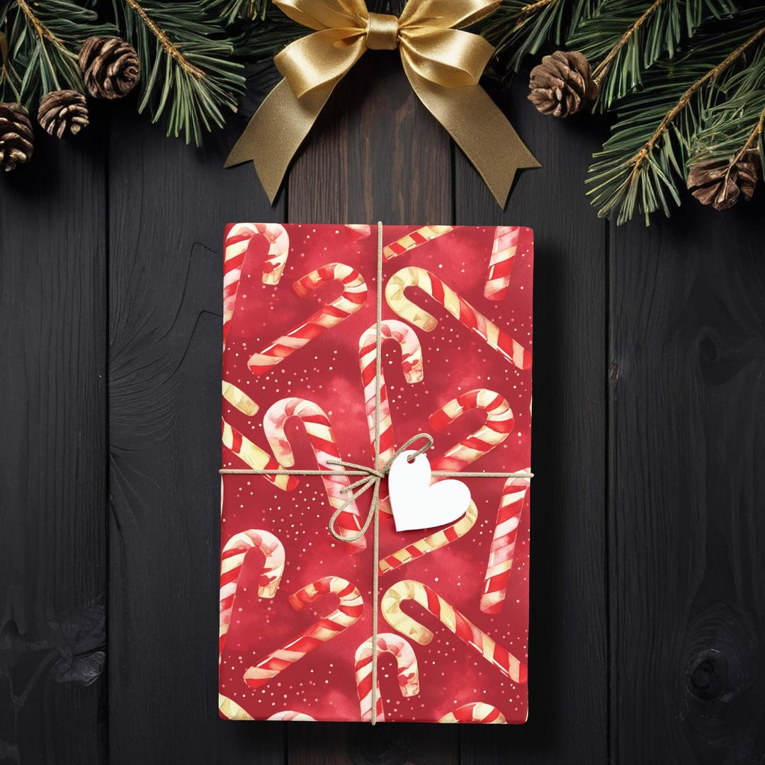 Candy Cane Christmas Gift Wrap, Red Watercolor Wrapping Paper for ...
