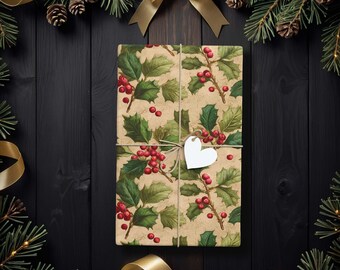 Holly Berries gift wrap, Retro Xmas Festive wrapping paper K6