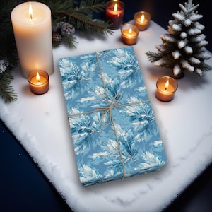 Frosted Blue Cedar Winter Wrapping Paper, Elegant Woodland Gift Wrap for Christmas, Winter Birthdays, Weddings, or Nature Lovers K6