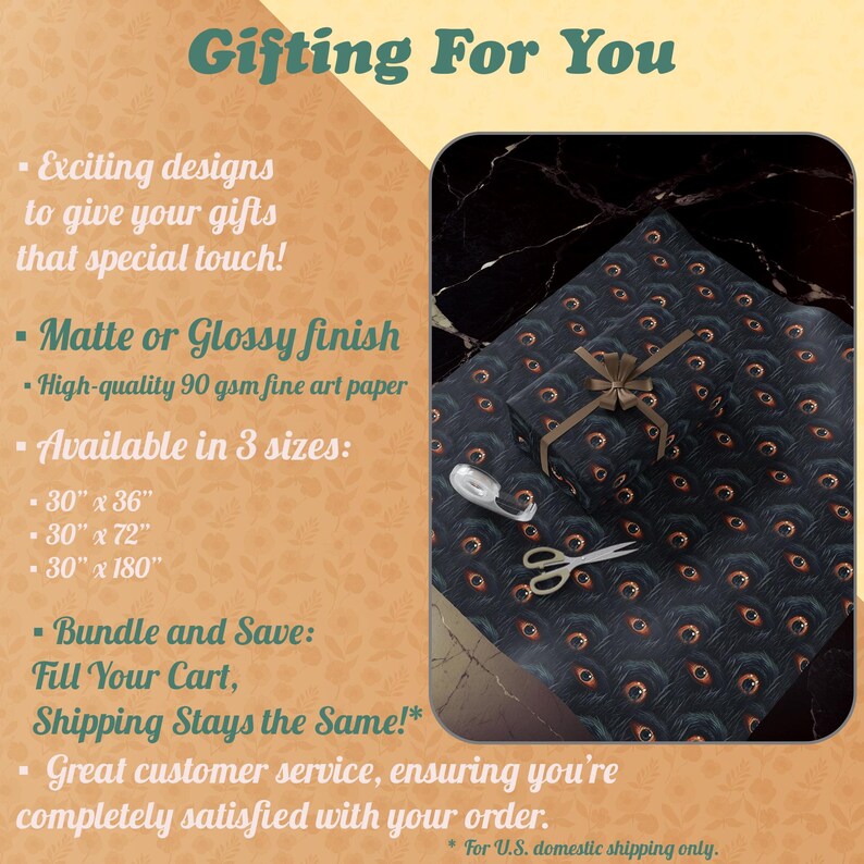 May include: Gifting For You text with a decorative background.  A close-up of a gift wrapped in dark blue wrapping paper with a repeating pattern of eyes.  The gift is tied with a brown ribbon.  A pair of scissors and a tape dispenser are on the table.