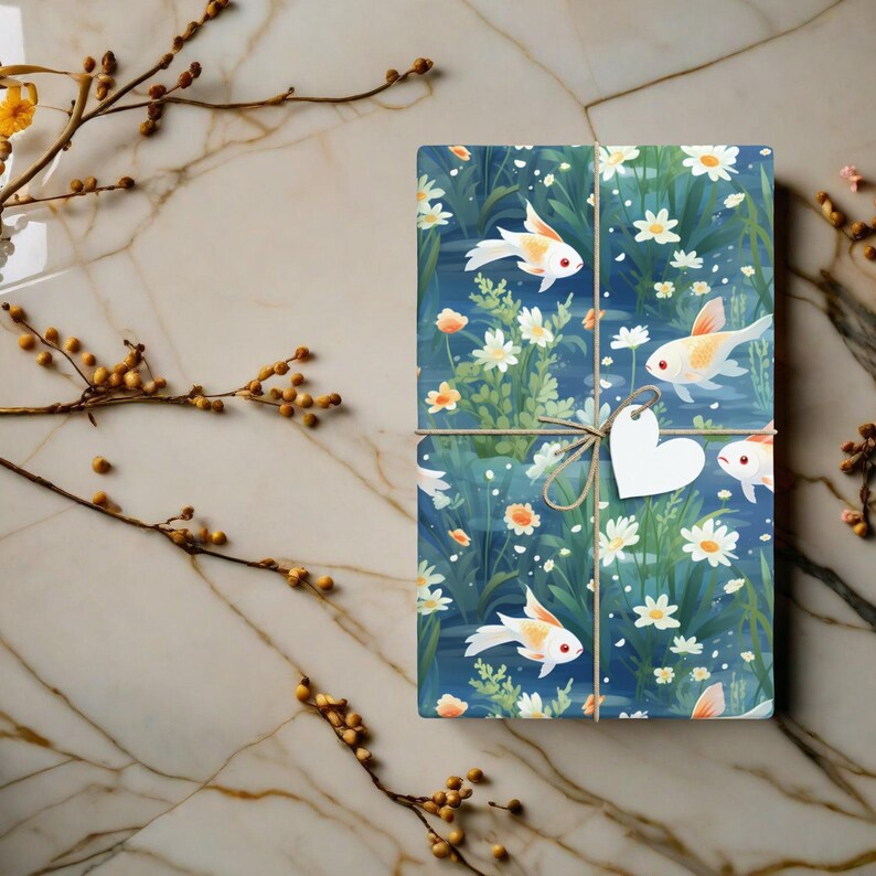 Rouleaux de papier cadeau élégants pour bassin à poissons, papier cadeau aquatique, emballage cadeau écologique et durable, cadeau aquarium, cadeau pêcheur K3 image 3