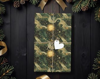 Papel de regalo navideño celestial, papel de regalo místico con estrellas doradas, elegante papel de regalo navideño, decoración del solsticio de invierno para ella o para él K6
