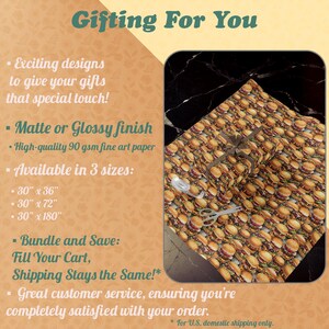 K&ouml;nnte beinhalten: Text &bdquo;Gifting For You&ldquo; mit einem Hintergrund aus einem Blumenmuster. Nahaufnahme eines Blattes Geschenkpapier mit einem Muster aus Comic-Hamburgern. Das Geschenkpapier ist in drei Gr&ouml;&szlig;en erh&auml;ltlich: 76 cm x 91 cm, 76 cm x 183 cm und 76 cm x 457 cm. Das Geschenkpapier ist in matter oder gl&auml;nzender Ausf&uuml;hrung erh&auml;ltlich. Der Text &bdquo;Bundle and Save: Fill Your Cart, Shipping Stays the Same!&ldquo; ist ebenfalls sichtbar.