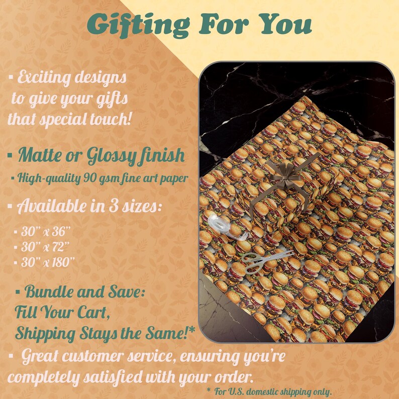 K&ouml;nnte beinhalten: Text &bdquo;Gifting For You&ldquo; mit einem Hintergrund aus einem Blumenmuster. Nahaufnahme eines Blattes Geschenkpapier mit einem Muster aus Comic-Hamburgern. Das Geschenkpapier ist in drei Gr&ouml;&szlig;en erh&auml;ltlich: 76 cm x 91 cm, 76 cm x 183 cm und 76 cm x 457 cm. Das Geschenkpapier ist in matter oder gl&auml;nzender Ausf&uuml;hrung erh&auml;ltlich. Der Text &bdquo;Bundle and Save: Fill Your Cart, Shipping Stays the Same!&ldquo; ist ebenfalls sichtbar.
