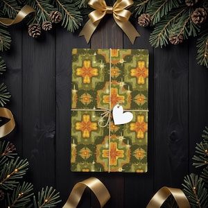 Retro 70s Christmas Wrapping Paper, Vintage Starburst Gift Wrap for Winter Weddings, Holidays, Birthdays, Christmas, or Xmas Gatherings K6