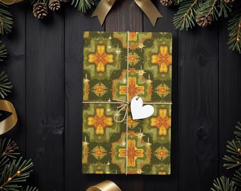 Retro 70s Christmas Wrapping Paper, Vintage Starburst Gift Wrap for Winter Weddings, Holidays, Birthdays, Christmas, or Xmas Gatherings K6