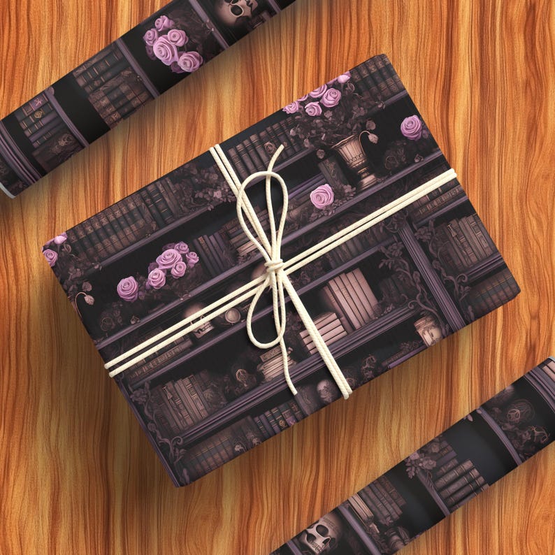 Goth wrapping paper rolls Skull wrapping paper Book wrapping paper Gothic wrapping paper Goth Gift Wrap Victorian gift wrap Books wrap K3 image 6