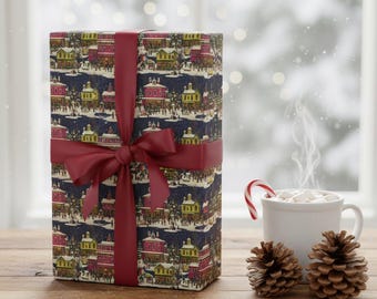 Rustic Winter Village Gift Wrap, Vintage Snowy Town Wrapping Paper in Warm Rustic Tones K6