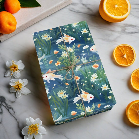 Elegant fish pond wrapping paper rolls, Fish aqua gift wrap, Sustainable Eco friendly Nature gift wrapping, Aquarium gift, Fisherman gift K3