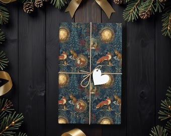 Papel de regalo navideño con animales del bosque: zorro, conejo y luna. Papel de regalo invernal con motivos de la naturaleza para amantes de la naturaleza. K6
