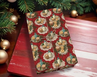 Milk and Cookies Christmas Wrapping Paper, Holiday Gift Wrap for Kids, Bakers, or Santa Lovers, Cozy Retro Kitchen Christmas Style K6