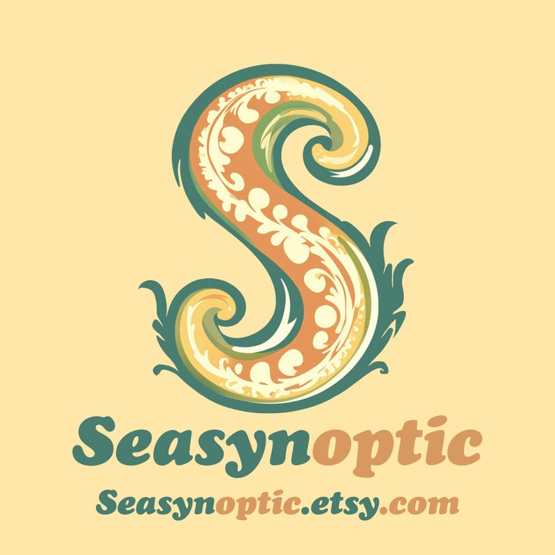 May include: A stylized, ornate, green and orange letter "S" with a floral design. The text "Seasyoptic" and "Seasyoptic.etsy.com" are below the letter.