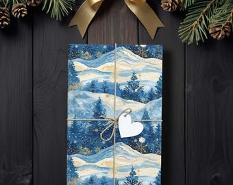 Snowy Blue Mountain Pines Gift Wrap, Celestial Winter Landscape Wrapping Paper K6