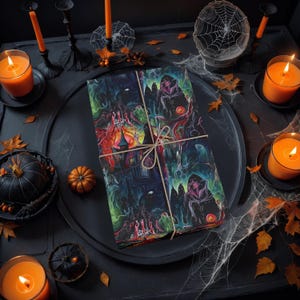 May include: A black and green wrapping paper with a spooky Halloween design. The paper features a haunted house, a witch, and a graveyard. The paper is tied with a brown ribbon.