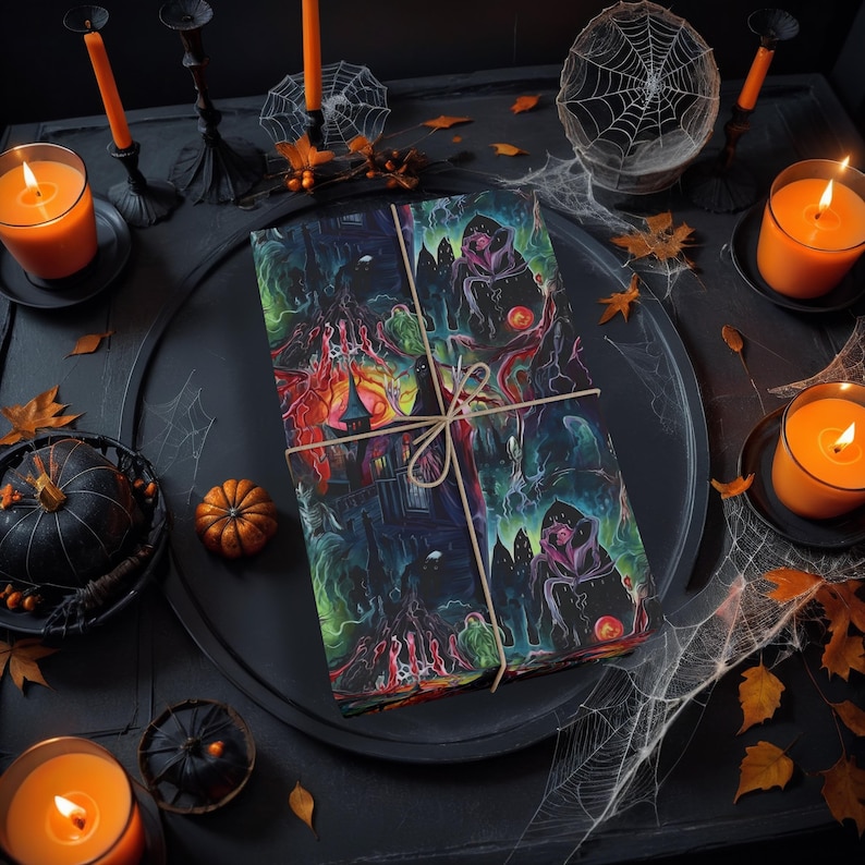 May include: A black and green wrapping paper with a spooky Halloween design. The paper features a haunted house, a witch, and a graveyard. The paper is tied with a brown ribbon.
