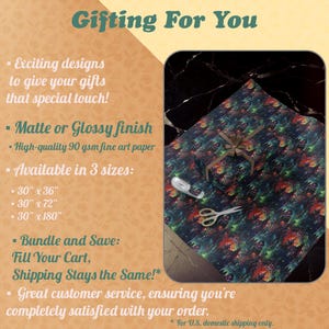 May include: A colorful wrapping paper design with a galaxy theme. The paper features a dark blue background with bright green, red, and orange accents. The text "Gifting For You" is displayed at the top of the image. The text below describes the paper as having a matte or glossy finish, being available in three sizes, and offering a bundle and save option.