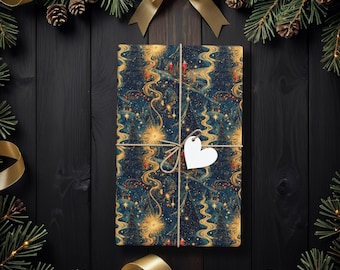 Papier cadeau de Noël céleste avec étoiles dorées, rubans et sapins, papier cadeau élégant pour les fêtes et les amoureux des étoiles K6