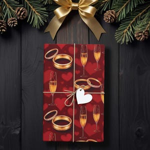 Geschenkpapier mit roten Herzen und goldenen Ringen, Hochzeits- und Verlobungspapier mit Champagnergläsern K3