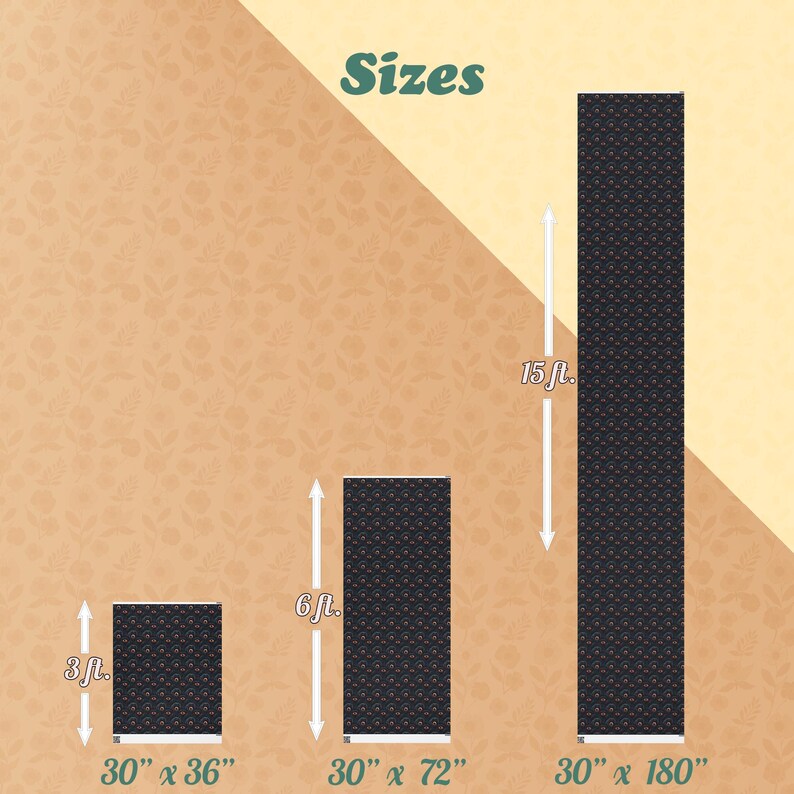 May include: Three different sizes of black and white patterned fabric are shown. The fabric is 30 inches wide and comes in lengths of 36 inches, 72 inches, and 180 inches.