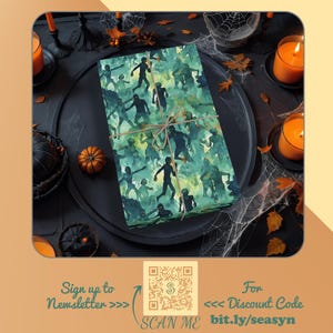 May include: A gift wrapped in green and blue wrapping paper with a zombie pattern. The gift is tied with twine and is sitting on a black plate with a pumpkin and candles. The text on the image reads "Sign up to Newsletter>> Scan Me bit.ly/seasyn For Discount Code <<".