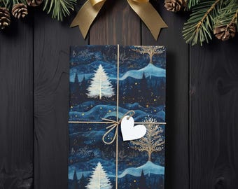 Midnight Constellation Pines Gift Wrap, Blue & Gold Winter Wonderland Wrapping Paper K6