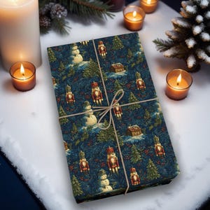Vintage Christmas Gift Wrap with Nutcrackers, Snowmen & Trees, Festive Holiday Paper for Kids, Grandparents, Nostalgic Wrapping K6