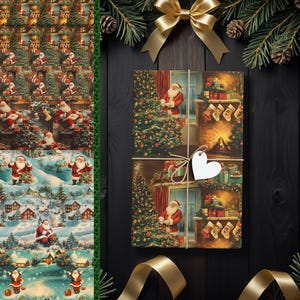 Carta da regalo natalizia vintage, carta da regalo di Babbo Natale con scena del camino, perfetta per regali per bambini e famiglie, carta da regalo festiva K3