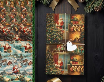 Papel de embrulho vintage para presente de Natal, papel de embrulho com tema de Papai Noel e lareira, perfeito para presentes de crianças e familiares, embrulho festivo para festas K3