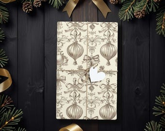 Sepiakleurig filigraan kerstversiering cadeaupapier, vintage kerstcadeaupapier met elegante lijntekeningen van kerstballen, ouderwetse feeststijl K6