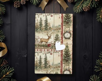 Woodland Deer Christmas Gift Wrap, Rustic Holiday Wrapping Paper with Forest Scene and Vintage Border K6