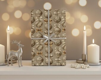 Sepia Vintage Ornaments Gift Wrap, Aged Holiday Baubles Wrapping Paper for Nostalgic Christmas K6