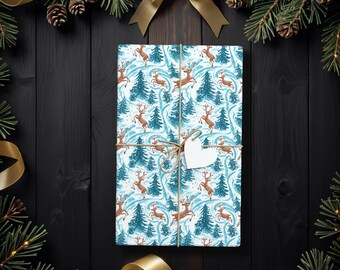 Winter Reindeer Gift Wrap, Woodland Christmas Wrapping Paper, Festive Holiday Deer Wrap, Rustic Nature Gift Wrap for Xmas & Winter K6